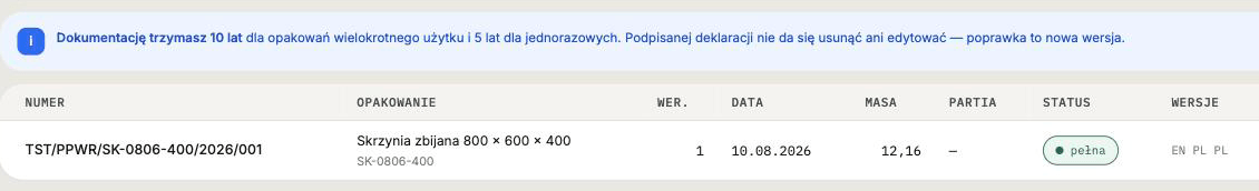 Lista deklaracji: informacja, że dokumentację trzyma się 10 lat i że podpisanej deklaracji nie da się usunąć ani edytować, oraz wiersz z numerem, wersją, datą, masą, statusem „pełna” i wersjami językowymi.